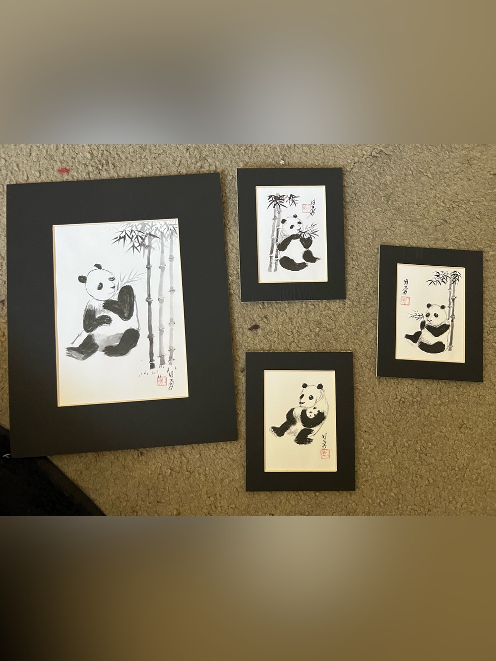 Set of 4 Panda Bamboo Art Prints in Black & White